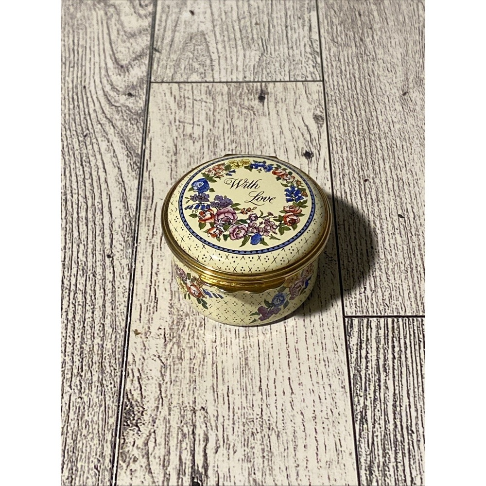 Halcyon Days Enamel TRINKET PILL BOX~With Love~Bilston & Battersea 1.75" England